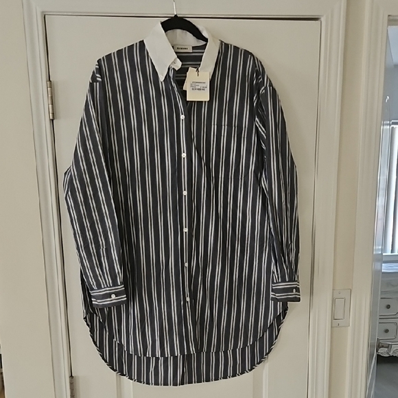 Sandro Navy and White Vertical Stripe Dress Shirt with Contrast Collar - Picture 7 of 9